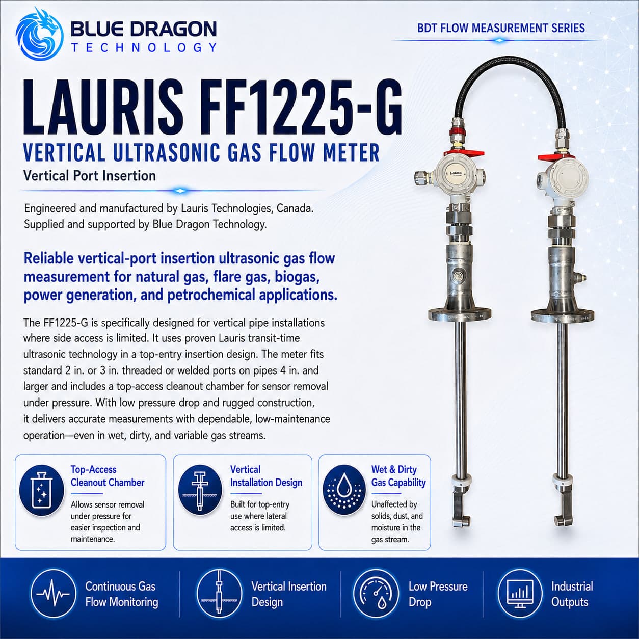 Blue Dragon Lauris FF1225-G Vertical-Port Insertion Ultrasonic Gas Flow Meter insertion ultrasonic flow meter · lauris