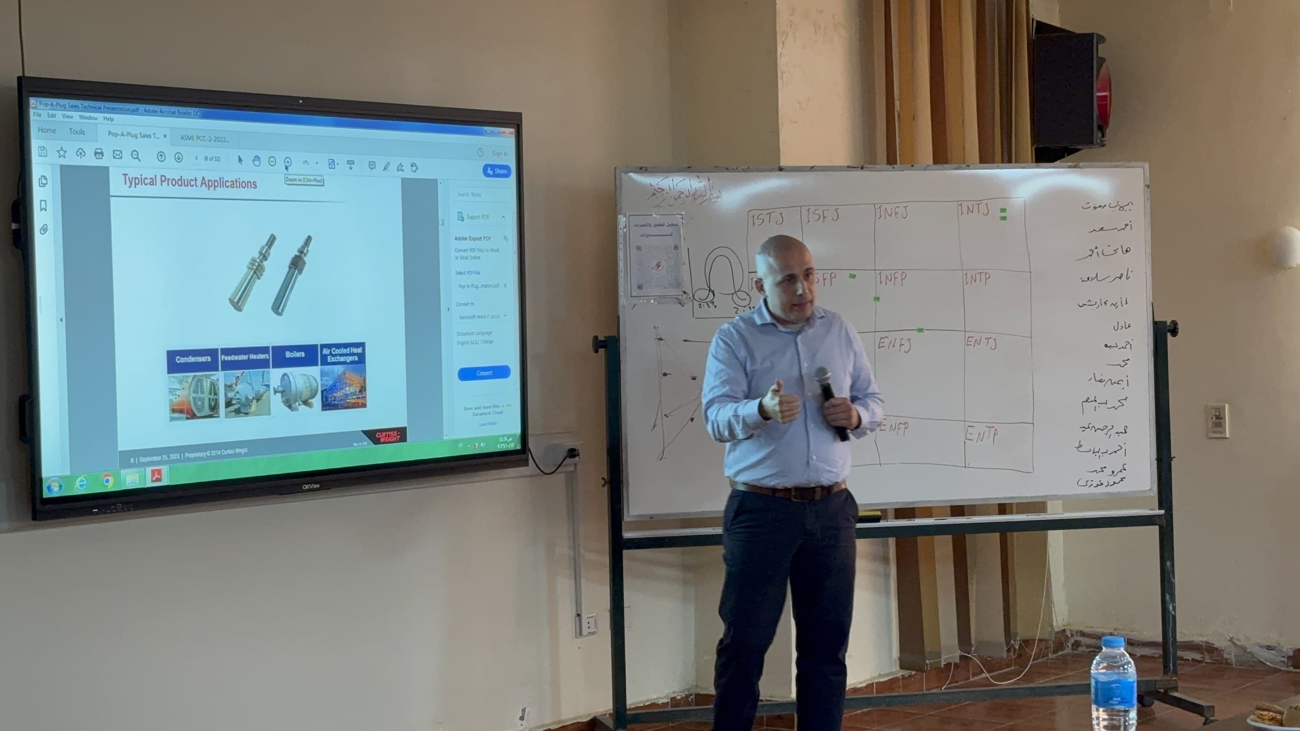 An EST Group engineer presenting product applications in front of a whiteboard