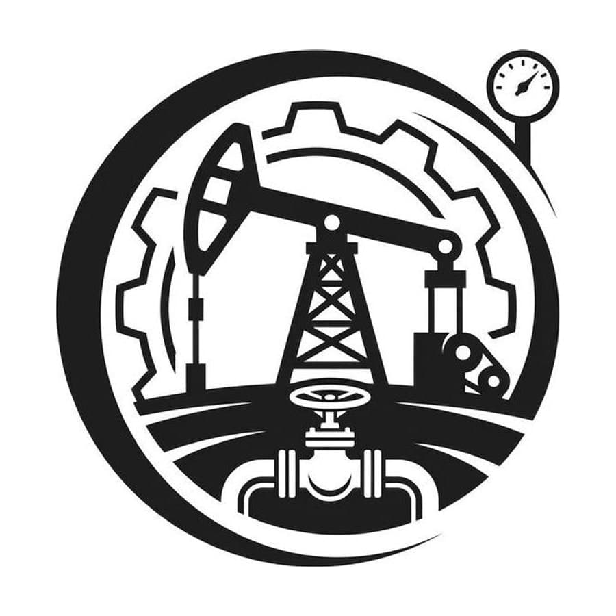 Midstream emblem: a pumpjack and pipeline valve inside a gear roundel with a pressure gauge