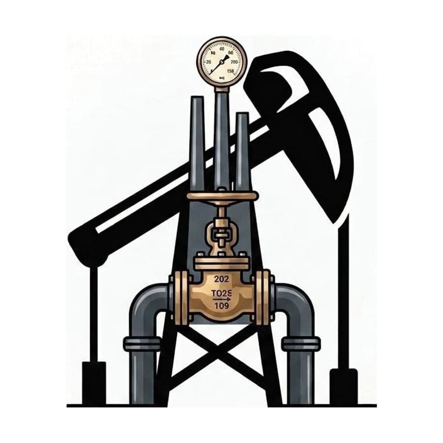 Upstream emblem: a pumpjack behind a flanged gate valve and pressure gauge